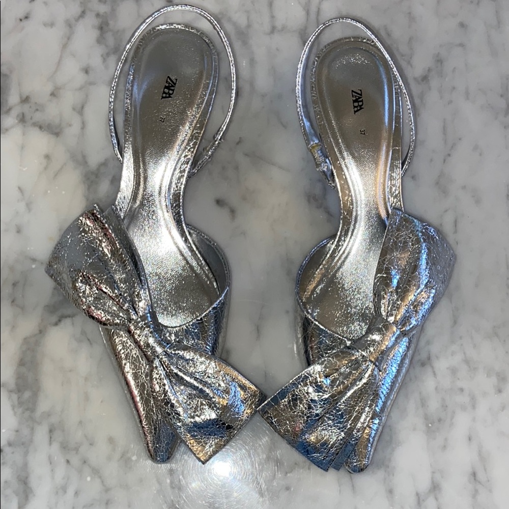 Zara Silver Slingback Heels with Bow Detail